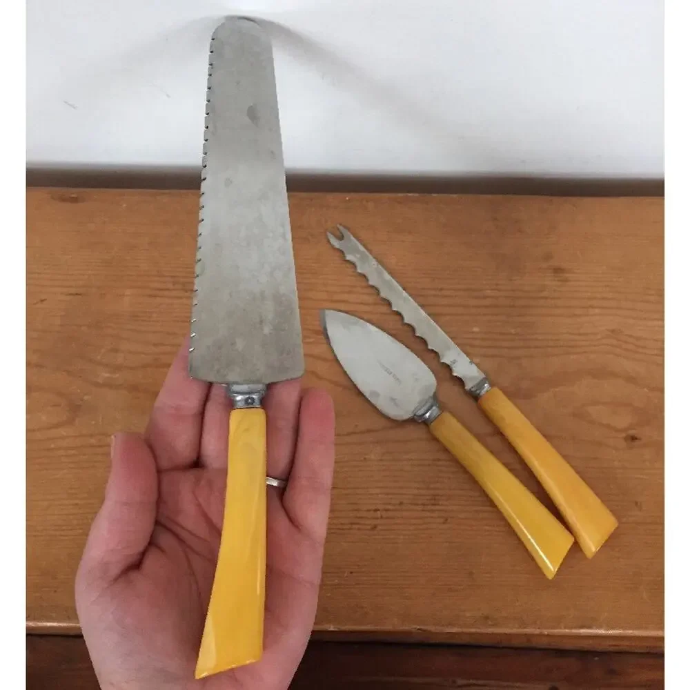 Set of 3 Vintage Butterscotch Bakelite Flatware Utensils Pie Slicer Tomato Knife